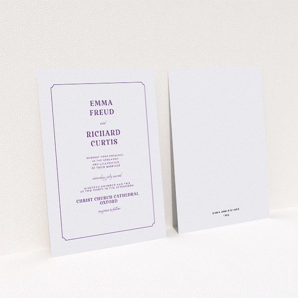 A personalised wedding invitation named "Harrison notch". It is an A5 invite in a portrait orientation. "Harrison notch" is available as a flat invite, with mainly white colouring.