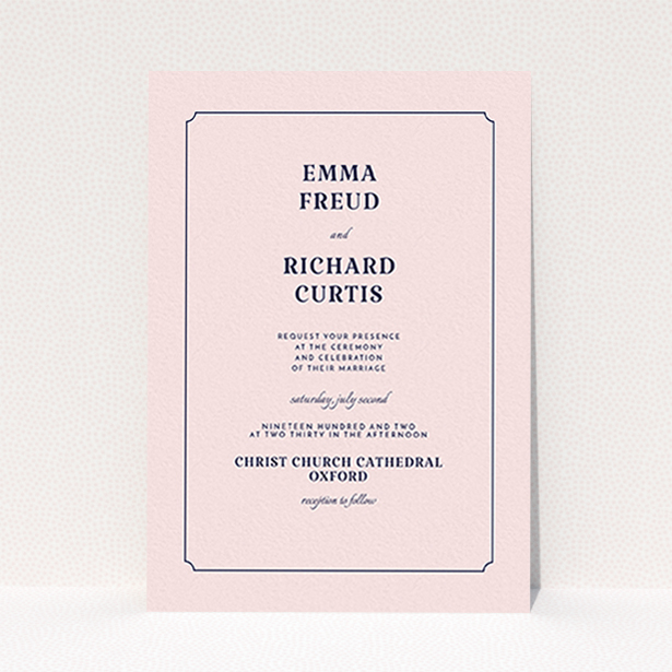 A personalised wedding invitation design titled "Harrison notch". It is an A6 invite in a portrait orientation. "Harrison notch" is available as a flat invite, with mainly pink colouring.