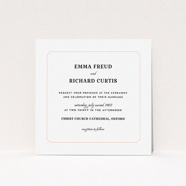 A personalised wedding invitation design titled "Harrison notch". It is a square (148mm x 148mm) invite in a square orientation. "Harrison notch" is available as a flat invite, with tones of white and pink.