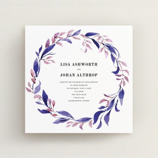 A personalised wedding invitation template titled "Hues of Blue". It is a square (148mm x 148mm) invite in a square orientation. "Hues of Blue" is available as a flat invite, with tones of dark pink and purple.