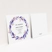 A personalised wedding invitation template titled "Hues of Blue". It is a square (148mm x 148mm) invite in a square orientation. "Hues of Blue" is available as a flat invite, with tones of dark pink and purple.