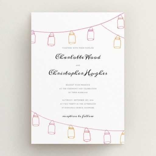 A personalised wedding invitation template titled "In a jar". It is an A5 invite in a portrait orientation. "In a jar" is available as a flat invite, with tones of white and orange.