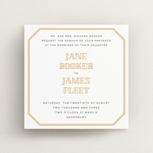 A personalised wedding invitation called "In between the lines square". It is a square (148mm x 148mm) invite in a square orientation. "In between the lines square" is available as a flat invite, with tones of orange and white.