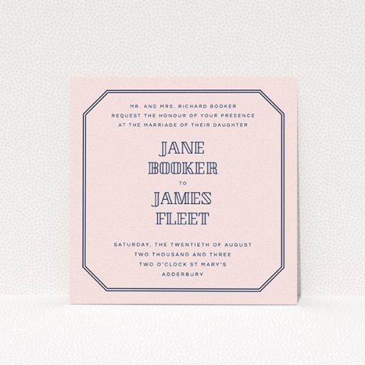 A personalised wedding invitation called "In between the lines square". It is a square (148mm x 148mm) invite in a square orientation. "In between the lines square" is available as a flat invite, with mainly pink colouring.