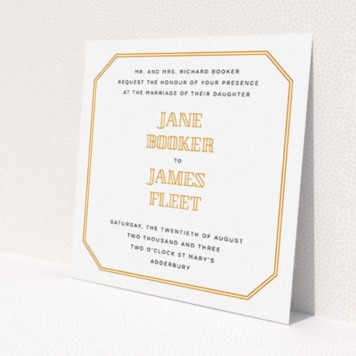 A personalised wedding invitation called 'In between the lines square'. It is a square (148mm x 148mm) invite in a square orientation. 'In between the lines square' is available as a flat invite, with tones of orange and white.