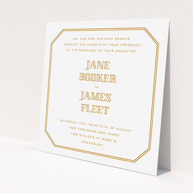 A personalised wedding invitation design called "In between the lines square". It is a square (148mm x 148mm) invite in a square orientation. "In between the lines square" is available as a flat invite, with tones of orange and white.