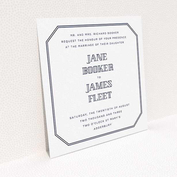 A personalised wedding invitation design named "In between the lines square". It is a square (148mm x 148mm) invite in a square orientation. "In between the lines square" is available as a flat invite, with tones of navy blue and white.