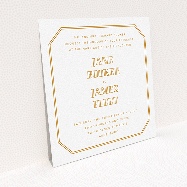 A personalised wedding invitation design called "In between the lines square". It is a square (148mm x 148mm) invite in a square orientation. "In between the lines square" is available as a flat invite, with tones of orange and white.