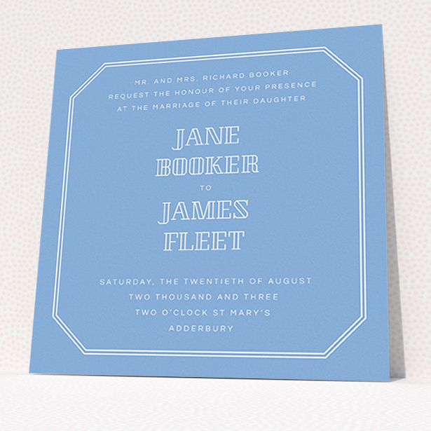 A personalised wedding invitation named "In between the lines square". It is a square (148mm x 148mm) invite in a square orientation. "In between the lines square" is available as a flat invite, with tones of blue and white.