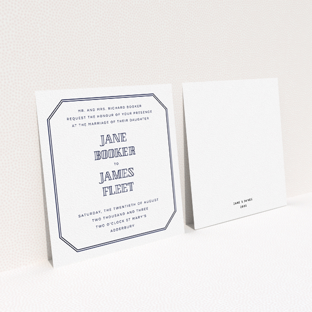A personalised wedding invitation design named "In between the lines square". It is a square (148mm x 148mm) invite in a square orientation. "In between the lines square" is available as a flat invite, with tones of navy blue and white.