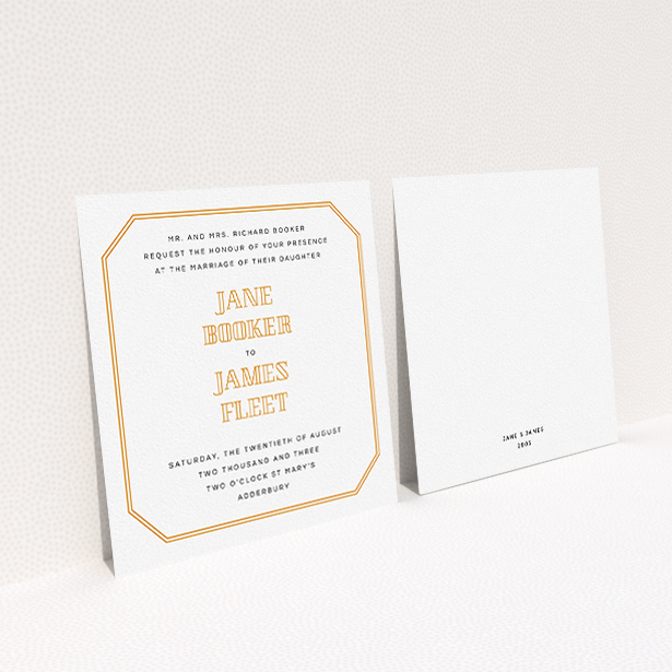 A personalised wedding invitation called "In between the lines square". It is a square (148mm x 148mm) invite in a square orientation. "In between the lines square" is available as a flat invite, with tones of orange and white.