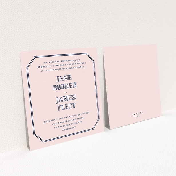 A personalised wedding invitation called "In between the lines square". It is a square (148mm x 148mm) invite in a square orientation. "In between the lines square" is available as a flat invite, with mainly pink colouring.