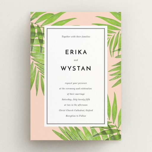 A personalised wedding invitation design titled "In the courtyard". It is an A5 invite in a portrait orientation. "In the courtyard" is available as a flat invite, with tones of green and pink.