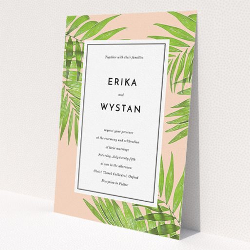 A personalised wedding invitation design titled 'In the courtyard'. It is an A5 invite in a portrait orientation. 'In the courtyard' is available as a flat invite, with tones of green and pink.