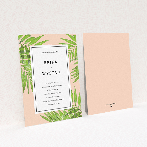 A personalised wedding invitation design titled "In the courtyard". It is an A5 invite in a portrait orientation. "In the courtyard" is available as a flat invite, with tones of green and pink.