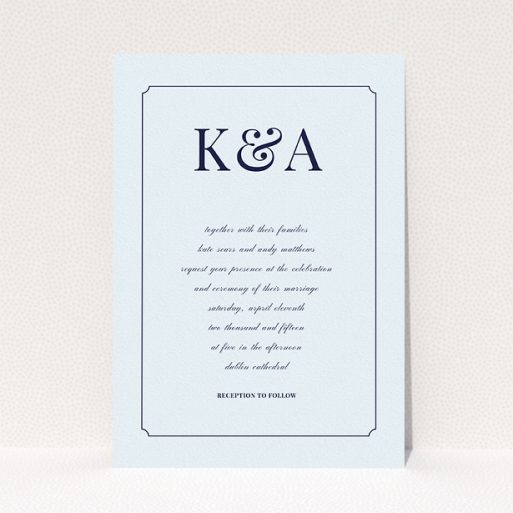 A personalised wedding invitation called "Initials here". It is an A5 invite in a portrait orientation. "Initials here" is available as a flat invite, with mainly light blue colouring.