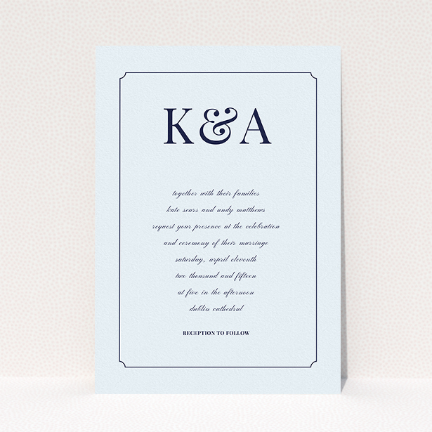 A personalised wedding invitation called "Initials here". It is an A5 invite in a portrait orientation. "Initials here" is available as a flat invite, with mainly light blue colouring.