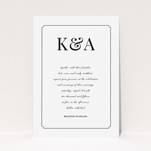 A personalised wedding invitation design titled "Initials here". It is an A5 invite in a portrait orientation. "Initials here" is available as a flat invite, with tones of white and black.