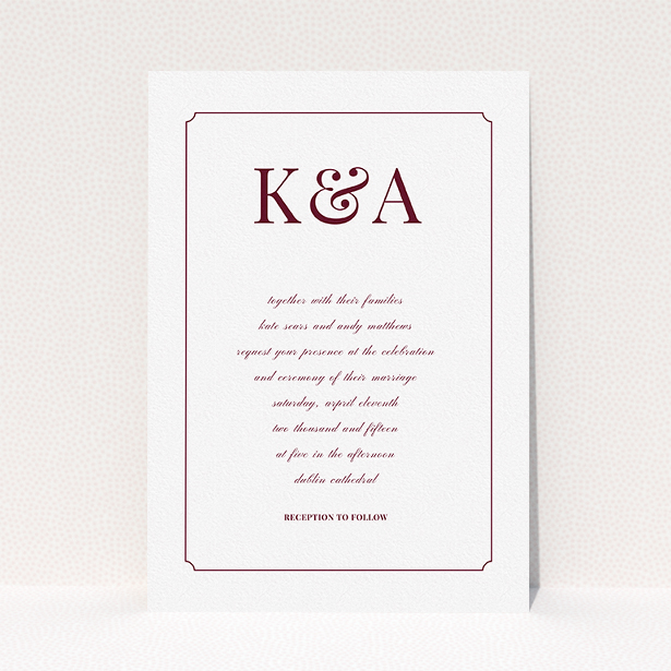 A personalised wedding invitation template titled "Initials here". It is an A5 invite in a portrait orientation. "Initials here" is available as a flat invite, with tones of white and burgundy.