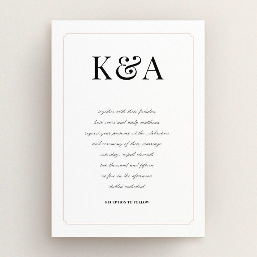 A personalised wedding invitation named "Initials here". It is an A5 invite in a portrait orientation. "Initials here" is available as a flat invite, with tones of white and pink.