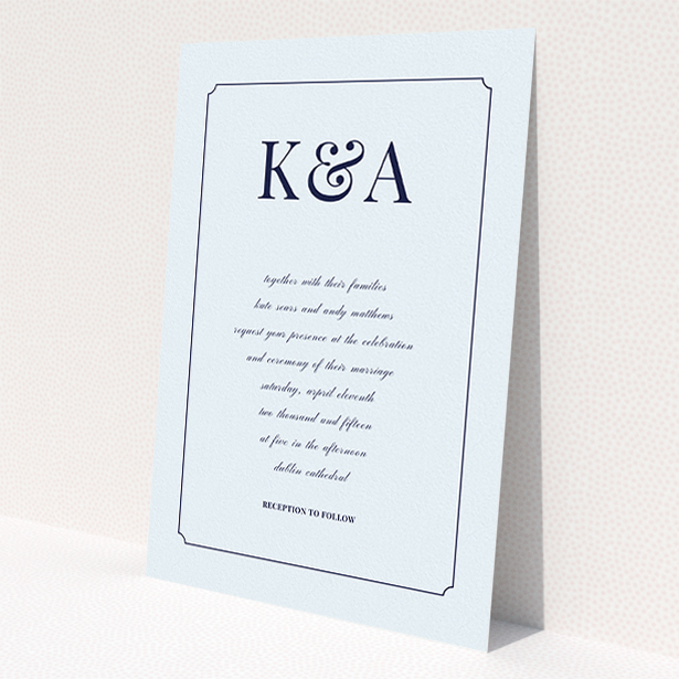A personalised wedding invitation called "Initials here". It is an A5 invite in a portrait orientation. "Initials here" is available as a flat invite, with mainly light blue colouring.