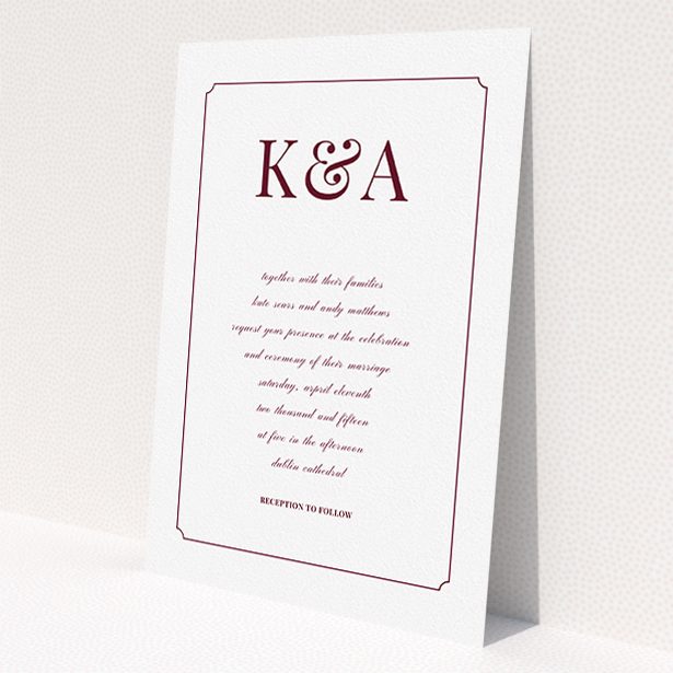 A personalised wedding invitation template titled "Initials here". It is an A5 invite in a portrait orientation. "Initials here" is available as a flat invite, with tones of white and burgundy.