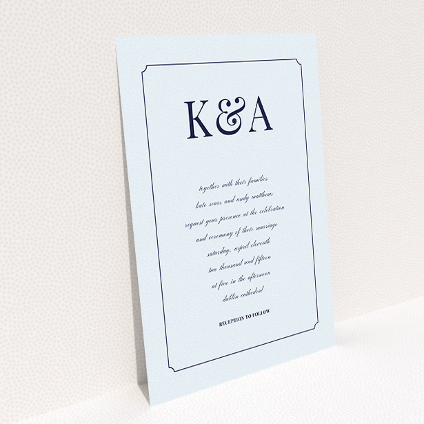 A personalised wedding invitation called "Initials here". It is an A5 invite in a portrait orientation. "Initials here" is available as a flat invite, with mainly light blue colouring.