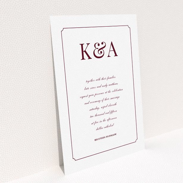 A personalised wedding invitation template titled "Initials here". It is an A5 invite in a portrait orientation. "Initials here" is available as a flat invite, with tones of white and burgundy.
