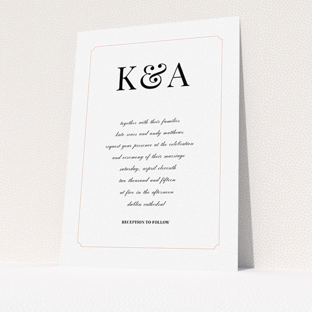A personalised wedding invitation named "Initials here". It is an A5 invite in a portrait orientation. "Initials here" is available as a flat invite, with tones of white and pink.