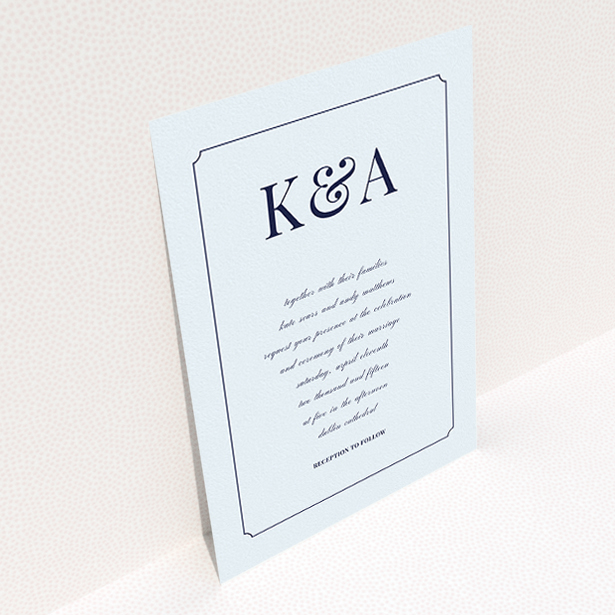 A personalised wedding invitation called "Initials here". It is an A5 invite in a portrait orientation. "Initials here" is available as a flat invite, with mainly light blue colouring.