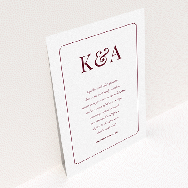 A personalised wedding invitation template titled "Initials here". It is an A5 invite in a portrait orientation. "Initials here" is available as a flat invite, with tones of white and burgundy.