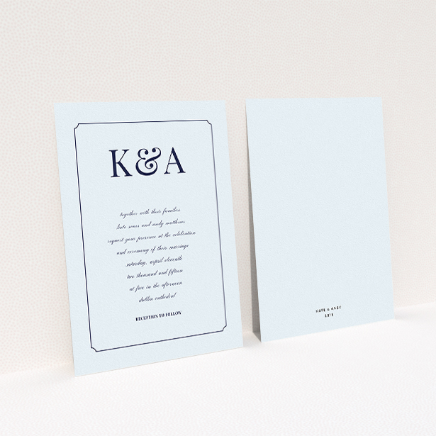 A personalised wedding invitation called "Initials here". It is an A5 invite in a portrait orientation. "Initials here" is available as a flat invite, with mainly light blue colouring.