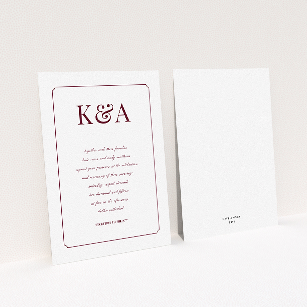 A personalised wedding invitation template titled "Initials here". It is an A5 invite in a portrait orientation. "Initials here" is available as a flat invite, with tones of white and burgundy.