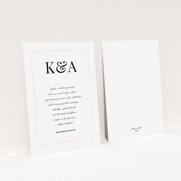 A personalised wedding invitation named "Initials here". It is an A5 invite in a portrait orientation. "Initials here" is available as a flat invite, with tones of white and pink.