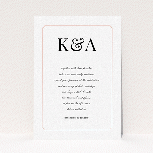 A personalised wedding invitation design titled "Initials here". It is an A6 invite in a portrait orientation. "Initials here" is available as a flat invite, with tones of white and pink.
