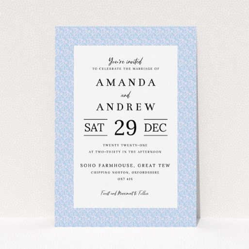 A personalised wedding invitation design called "Isometric Flowers". It is an A5 invite in a portrait orientation. "Isometric Flowers" is available as a flat invite, with tones of blue and white.