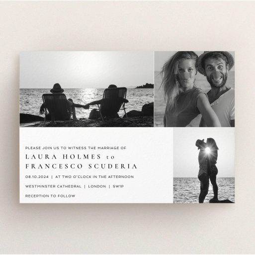 A personalised wedding invitation template titled "Italicised". It is an A5 invite in a landscape orientation. It is a photographic personalised wedding invitation with room for 3 photos. "Italicised" is available as a flat invite, with mainly white colouring.