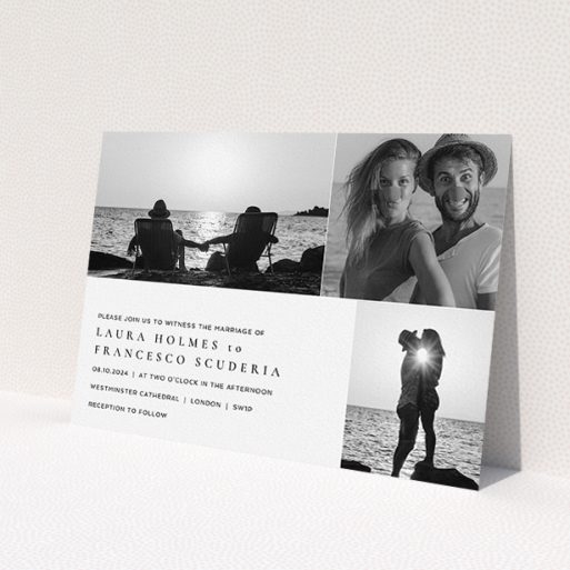 A personalised wedding invitation template titled 'Italicised'. It is an A5 invite in a landscape orientation. It is a photographic personalised wedding invitation with room for 3 photos. 'Italicised' is available as a flat invite, with mainly white colouring.