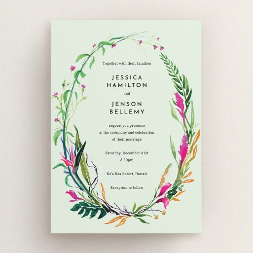 A personalised wedding invitation named "Jungle collection". It is an A5 invite in a portrait orientation. "Jungle collection" is available as a flat invite, with tones of green, pink and orange.