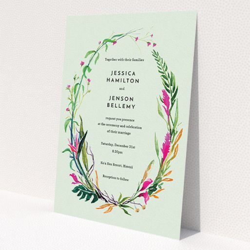 A personalised wedding invitation named 'Jungle collection'. It is an A5 invite in a portrait orientation. 'Jungle collection' is available as a flat invite, with tones of green, pink and orange.
