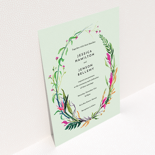 A personalised wedding invitation named "Jungle collection". It is an A5 invite in a portrait orientation. "Jungle collection" is available as a flat invite, with tones of green, pink and orange.