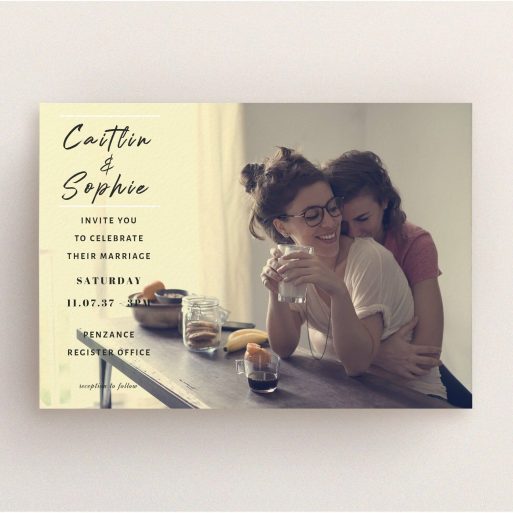 A personalised wedding invitation template titled "Just us landscape". It is an A5 invite in a landscape orientation. It is a photographic personalised wedding invitation with room for 1 photo. "Just us landscape" is available as a flat invite, with mainly black colouring.