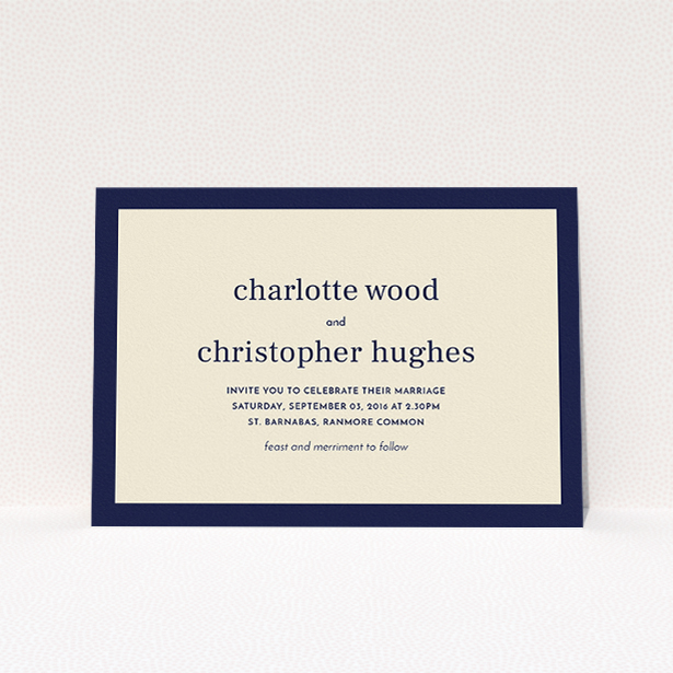 A personalised wedding invitation design named "Laydown simple". It is an A5 invite in a landscape orientation. "Laydown simple" is available as a flat invite, with tones of cream and navy blue.