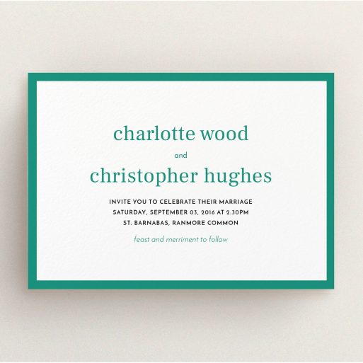 A personalised wedding invitation design titled "Laydown simple". It is an A5 invite in a landscape orientation. "Laydown simple" is available as a flat invite, with tones of green and white.