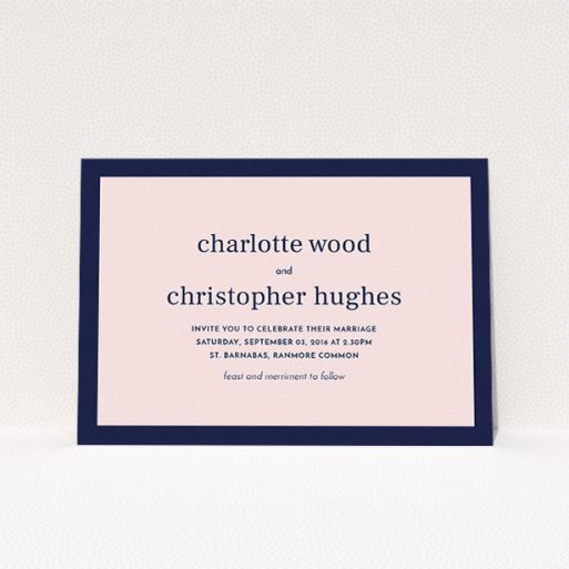 A personalised wedding invitation design titled "Laydown simple". It is an A5 invite in a landscape orientation. "Laydown simple" is available as a flat invite, with tones of navy blue and pink.