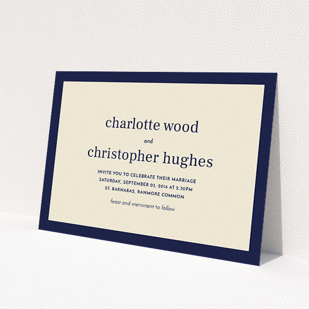 A personalised wedding invitation design named "Laydown simple". It is an A5 invite in a landscape orientation. "Laydown simple" is available as a flat invite, with tones of cream and navy blue.