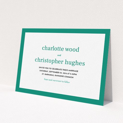 A personalised wedding invitation design titled 'Laydown simple'. It is an A5 invite in a landscape orientation. 'Laydown simple' is available as a flat invite, with tones of green and white.