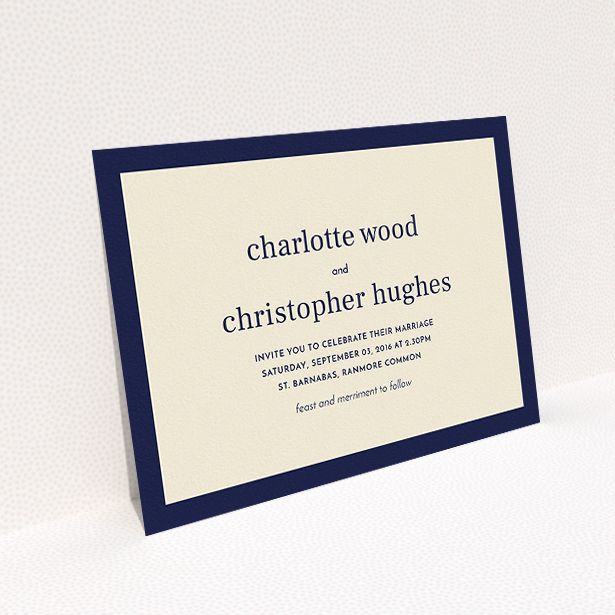 A personalised wedding invitation design named "Laydown simple". It is an A5 invite in a landscape orientation. "Laydown simple" is available as a flat invite, with tones of cream and navy blue.