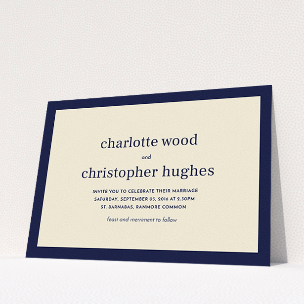 A personalised wedding invitation design named "Laydown simple". It is an A5 invite in a landscape orientation. "Laydown simple" is available as a flat invite, with tones of cream and navy blue.