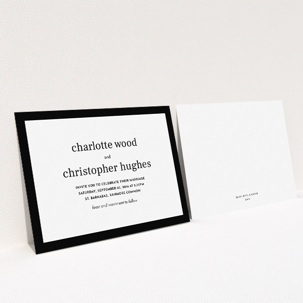 A personalised wedding invitation design named "Laydown simple". It is an A5 invite in a landscape orientation. "Laydown simple" is available as a flat invite, with tones of black and white.